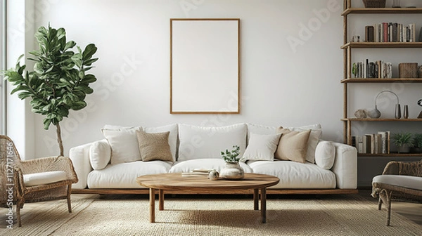 Fototapeta Contemporary Boho Living Room with White Sofa, Natural Wood Coffee Table, and Art Poster