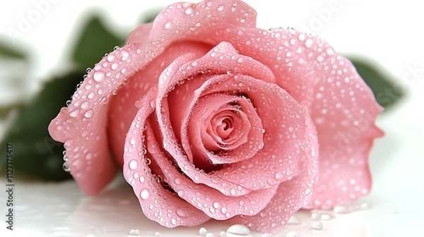 Fototapeta A Pink Rose Covered in Dew Drops