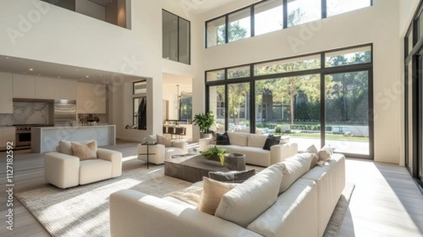 Fototapeta Modern bright living room with large windows, showcasing sunlight, open floor plan, and stylish furniture.