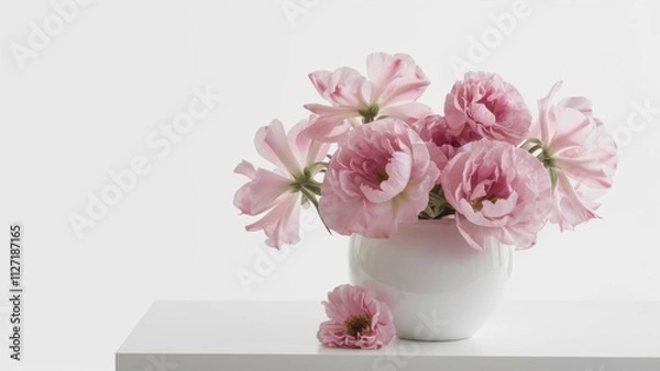 Obraz A minimalist composition featuring a white vase filled with delicate pink summer flowers. The flowers bloom in all their glory, their petals open gracefully. A vase on a white background.