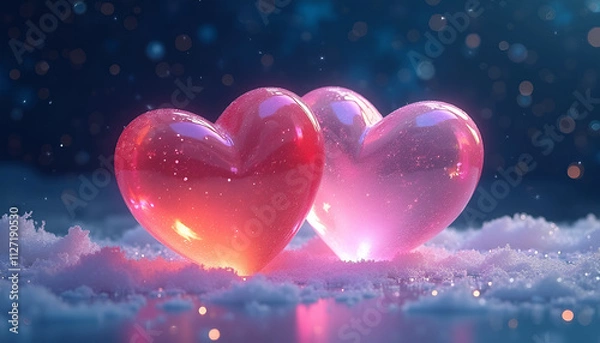 Fototapeta Two transparent hearts illuminated with soft light on a snowy surface with a dreamy bokeh background