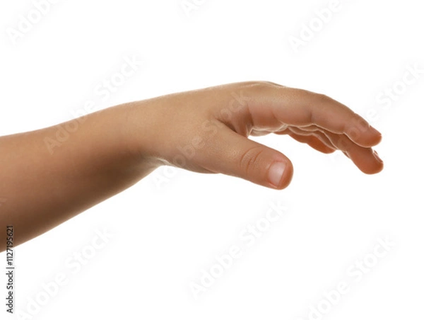 Fototapeta Little child on white background, closeup of hand