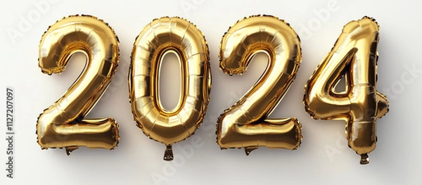 Fototapeta Golden 2024 balloons in 3D on a clean white backdrop.