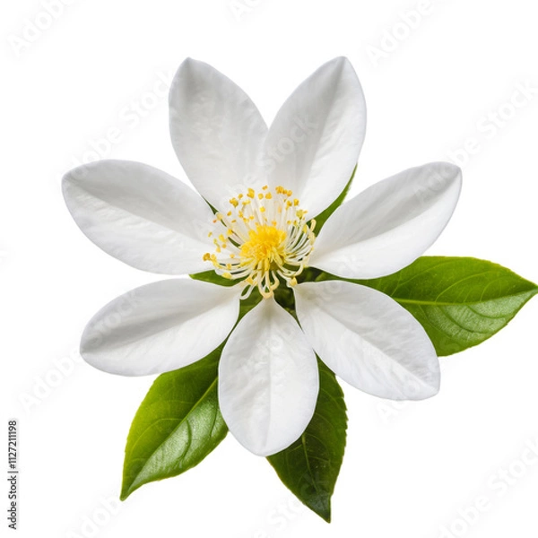 Obraz Beautiful white flower with green leaves on a transparent background for design projects