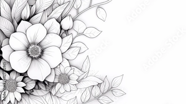 Fototapeta Floral and Botanical Designs: Intricate line drawing of a rose with detailed petals and leaves, ready to be colored with vibrant hues.
