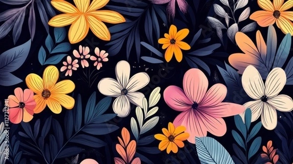 Fototapeta Whimsical Floral and Foliage Designs seamless pattern: Playful Doodles, Geometric Leaves, and Elegant Wildflowers in Bold and Soft Color Palettes.