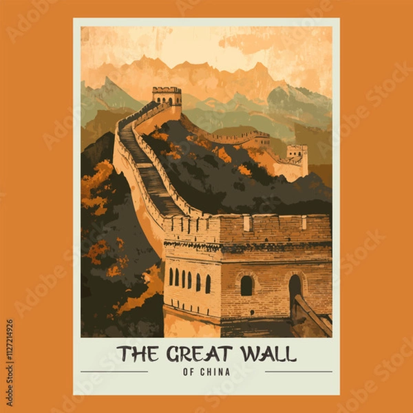 Obraz The Great Wall of China Retro Travel Style Poster Stock Vector