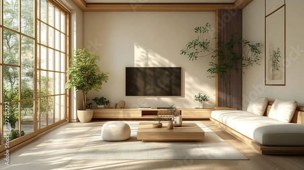 Fototapeta Japandi-Inspired Modern Living Room with Minimalist Design and Serene Atmosphere