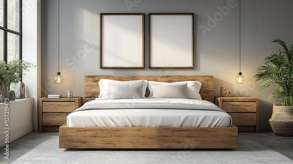 Fototapeta Modern Scandinavian Bedroom with Sleek Wooden Design