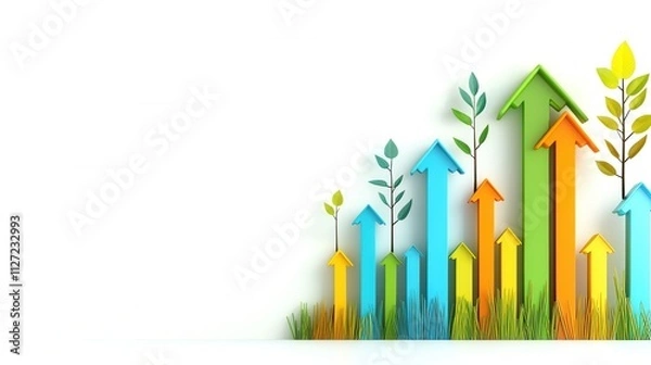 Fototapeta A vibrant illustration of upward arrows, symbolizing growth and progress, intertwined with green plants, representing sustainability and nature.