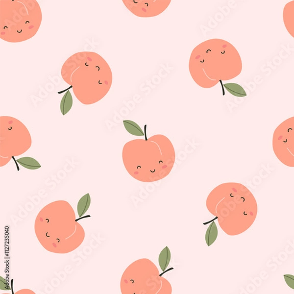 Fototapeta Seamless pattern with cute peach fruits on a colored background. Vector illustration for printing. Cute children's background. Food and drinks