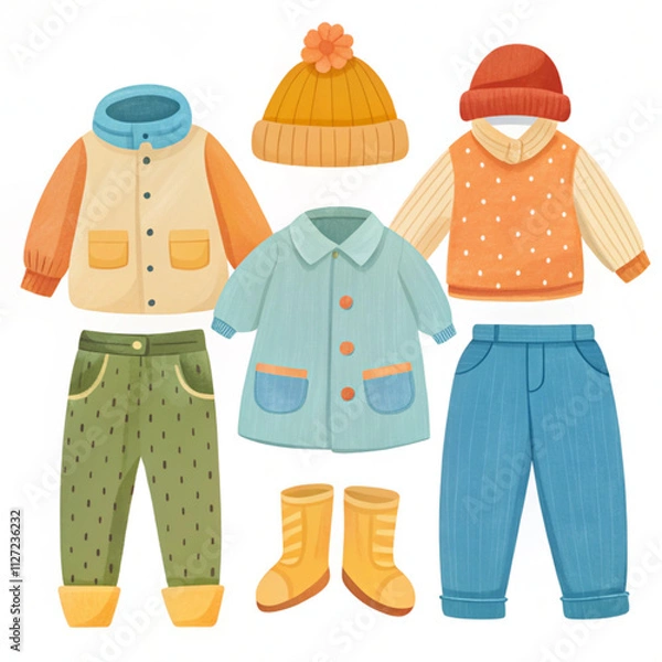 Fototapeta Set of children's season clothes vector illustration and white background. Cute cartoon vector