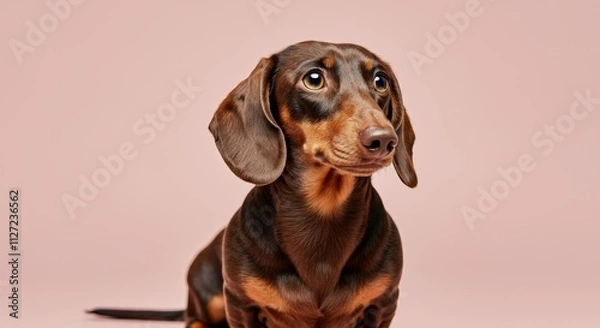 Fototapeta Charming dachshund against soft pink background for pet lovers and animal enthusiasts