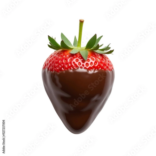 Fototapeta PNG of Delicious chocolate-covered strawberry, showcasing vibrant red color and fresh green leaves on transparent background.
