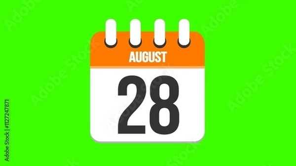 Fototapeta August 28. Cartoon style calendar. Cartoon style calendar with date and month name on green chroma key background. 4k.