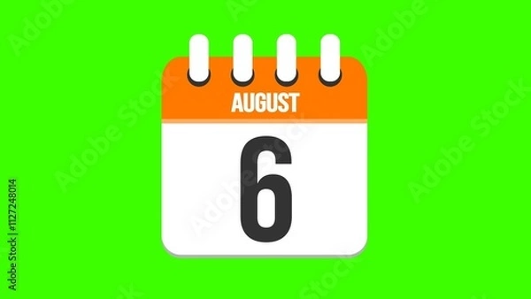 Fototapeta August 6. Cartoon style calendar. Cartoon style calendar with date and month name on green chroma key background. 4k.