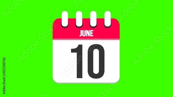Fototapeta June 10. Cartoon style calendar. Cartoon style calendar with date and month name on green chroma key background. 4k.