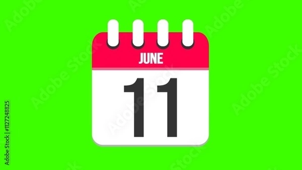 Fototapeta June 11. Cartoon style calendar. Cartoon style calendar with date and month name on green chroma key background. 4k.