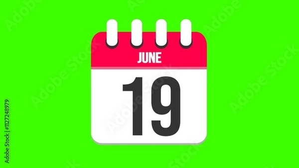 Fototapeta June 19. Cartoon style calendar. Cartoon style calendar with date and month name on green chroma key background. 4k.