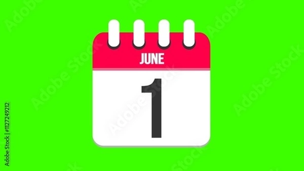 Fototapeta June 1. Cartoon style calendar. Cartoon style calendar with date and month name on green chroma key background. 4k.
