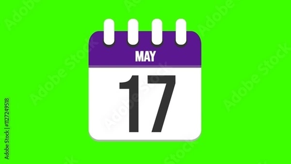 Fototapeta May 17. Cartoon style calendar. Cartoon style calendar with date and month name on green chroma key background. 4k.