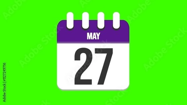 Fototapeta May 27. Cartoon style calendar. Cartoon style calendar with date and month name on green chroma key background. 4k.