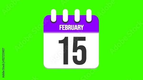 Fototapeta February 15. Cartoon style calendar. Cartoon style calendar with date and month name on green chroma key background. 4k.