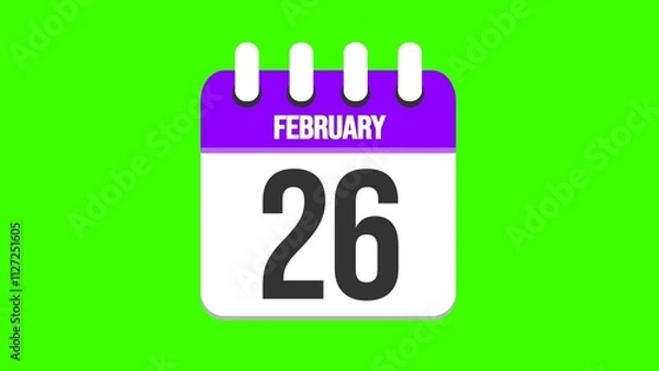 Fototapeta February 26. Cartoon style calendar. Cartoon style calendar with date and month name on green chroma key background. 4k.