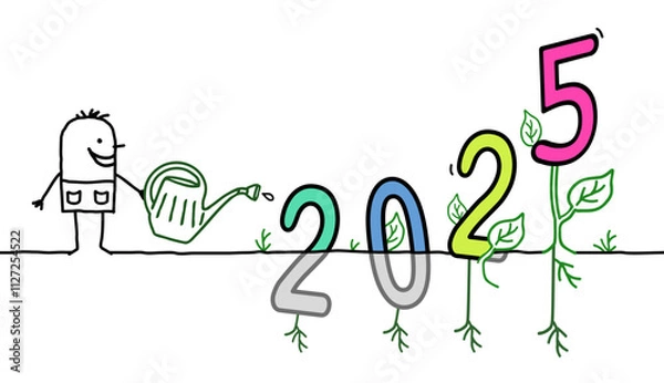 Obraz Cartoon Gardener Man Watering a big colored 2025 sign