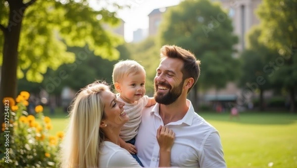 Obraz A cheerful family with two young children sitting in a vibrant green meadow with yellow flowers, sharing joyful moments. Generative, AI