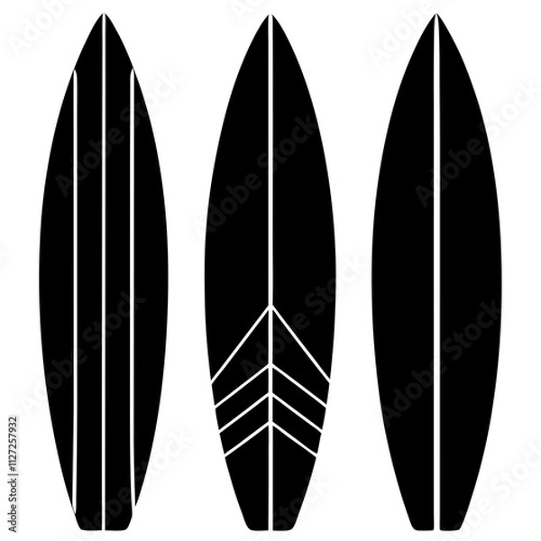 Fototapeta Black surfboard collection shape icons. Set of surfing board shapes art front view. Board elements silhouette art & illustration.