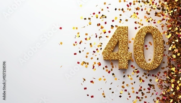 Fototapeta A sparkling gold "40" surrounded by colorful confetti on a white background, celebrating a milestone birthday or anniversary.
