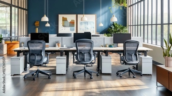 Fototapeta Modern office space with desks and computers