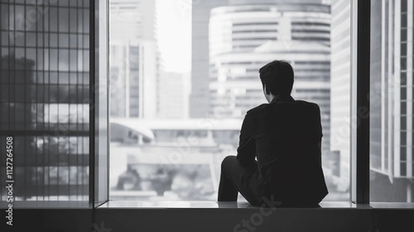 Fototapeta Reflection captures a solitary figure gazing out at an expansive cityscape, surrounded by towering skyscrapers that embody urban ambition and solitude.