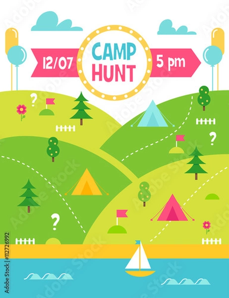 Obraz Summer Camp Hunt, Quest and Outdoor Activities Vector Poster