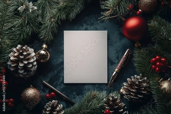 Fototapeta A top down view of a blank Christmas card on a fancy table with a fancy pen, surrounded by Christmas decorations and ornaments
