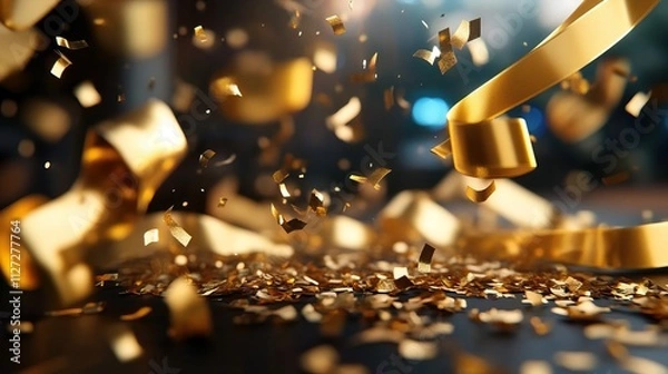 Fototapeta A dynamic scene featuring golden confetti and ribbons, evoking celebration and joy in a festive atmosphere.