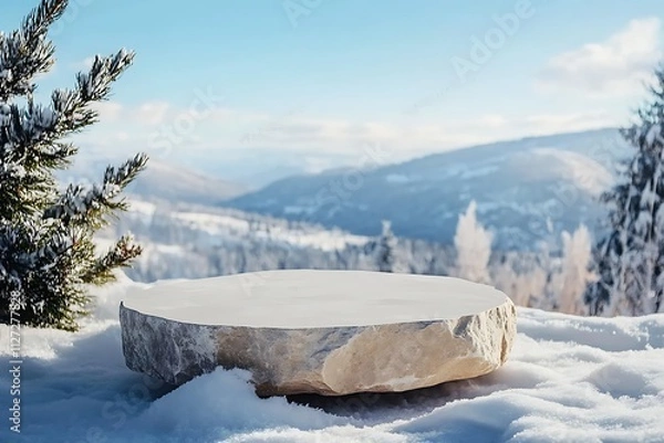 Obraz Ice podium background snow winter product platform cold mountain 3D. Podium ice display background cosmetic sky floor blue scene landscape frozen white cool stand pedestal minimal rock glacier nature 