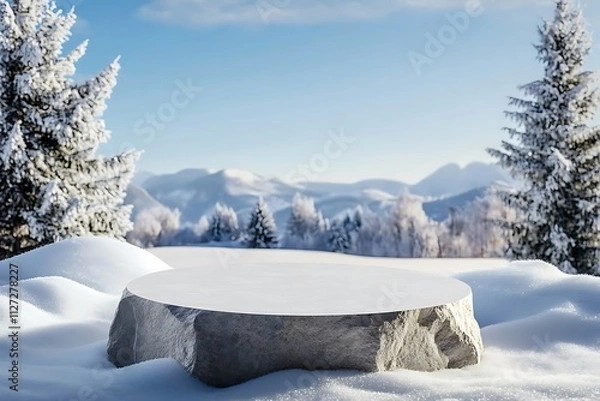 Obraz Ice podium background snow winter product platform cold mountain 3D. Podium ice display background cosmetic sky floor blue scene landscape frozen white cool stand pedestal minimal rock glacier nature 