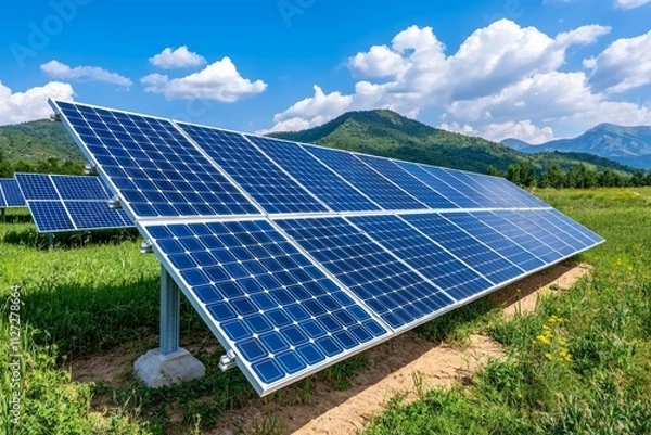 Obraz In the middle of a desert, an extensive solar panel setup generates renewable power.