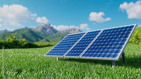 Obraz Surrounded by lush green grass, a solar panel glistens in the sunlight, demonstrating the potential of renewable energy in a peaceful setting.
