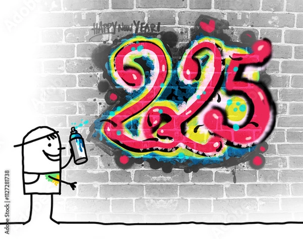 Obraz Cartoon Painter Boy and Fresh 2025 Graffiti on a Wall