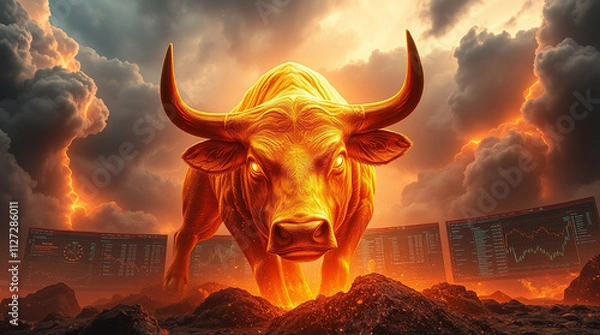 Obraz The bull market creative banner featuring raged bull and trading charts in the background