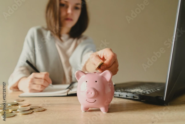 Fototapeta Girl is making calculations, puts savings in a piggy bank.