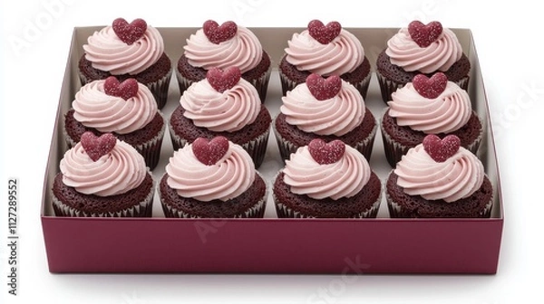 Fototapeta A delightful assortment of twelve chocolate cupcakes topped with pink frosting and heart-shaped decorations, beautifully arranged in a red box.
