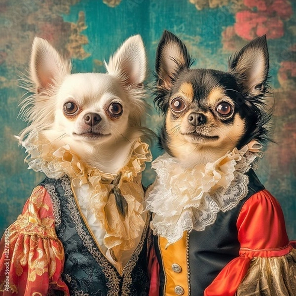 Obraz Two Elegant Chihuahuas in Royal Attire, Baroque Style Portrait
