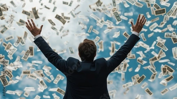 Fototapeta A man in a suit stands with arms raised, celebrating as money rains down from above, symbolizing success and abundance.