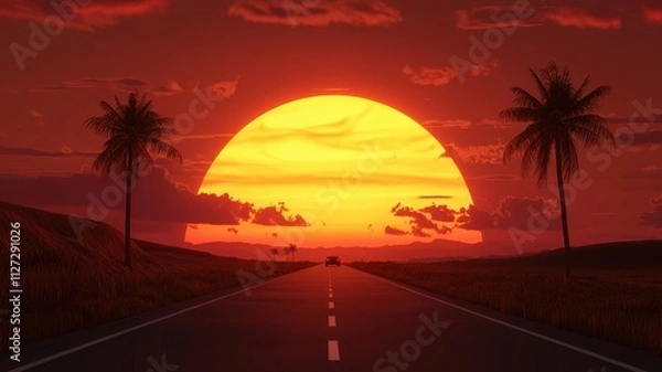 Fototapeta Sunset over a serene road lined with palm trees, creating a peaceful atmosphere.