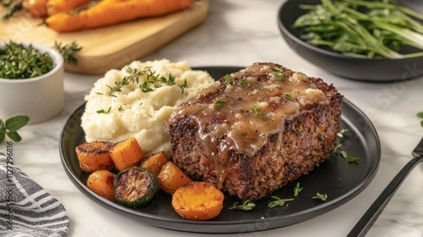 Fototapeta A delicious plate featuring meatloaf, mashed potatoes, and roasted vegetables.