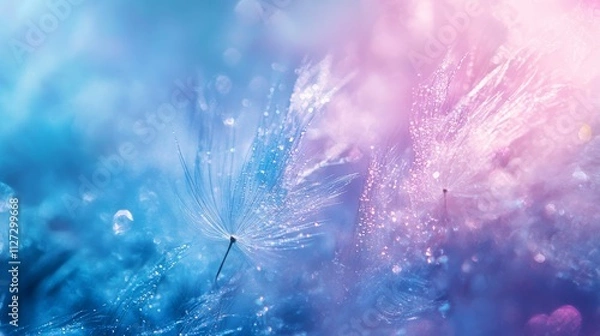 Fototapeta Beautiful dew drops on a dandelion seed macro. Beautiful soft light blue and violet background. Water drops on a parachutes dandelion on a beautiful blue. Soft dreamy tender artistic image form.